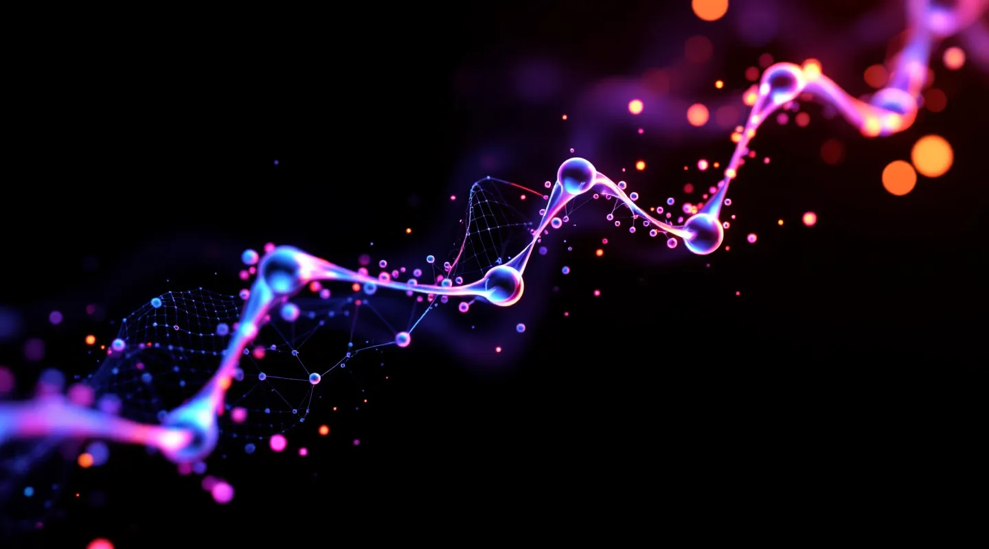 Generative iridescent node-and-edge model of an abstract peptide chain over a faint grid on violet-black